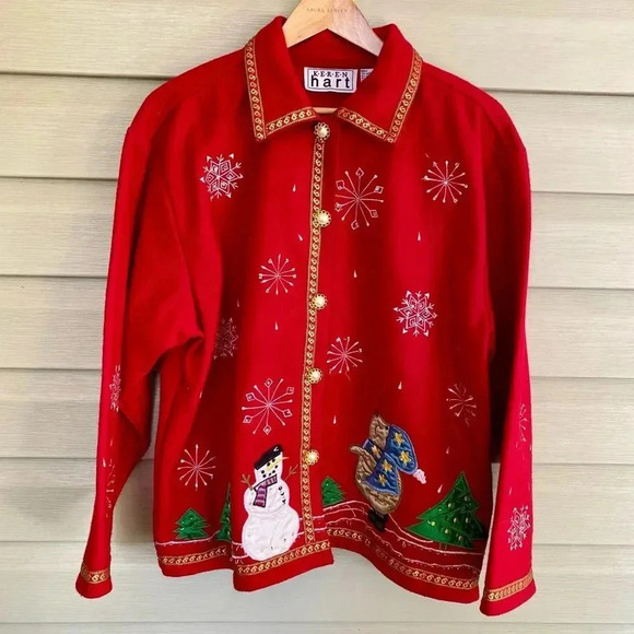 KEREN HART vintage Christmas snowman granny jacket wool blend size L faux Pearls - Picture 7 of 13
